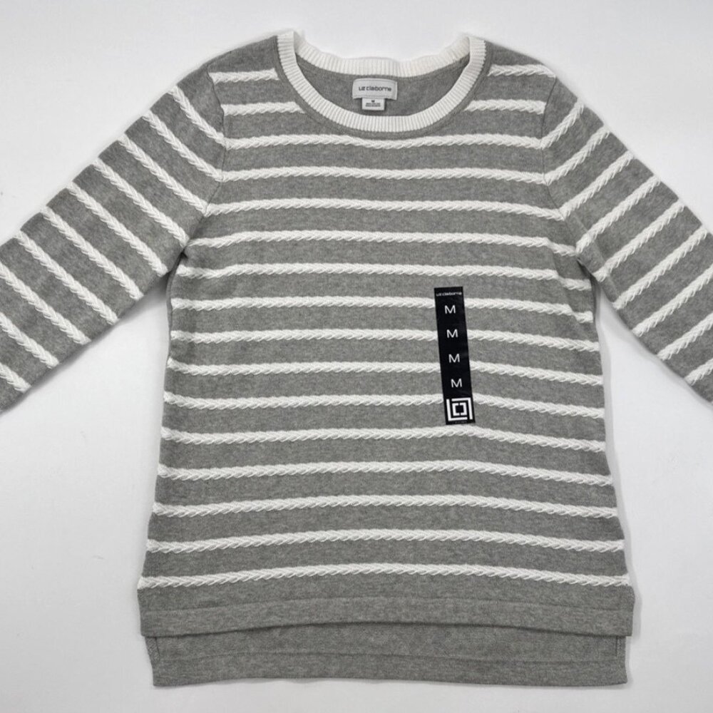 Liz Claiborne Sweater Womens Medium Gray Textured Pullover Stripe Knit Tunic NEW